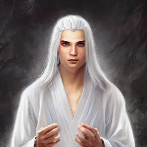Image similar to teen boy, handsome, godly looks, long white hair, white daoist robes, digital painting, highly detailed, full body, d&d, by sophie anderson