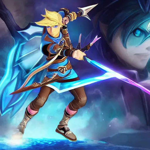 Image similar to link fierce deity as a character in the game league of legends, with a background based on the game league of legends, detailed face