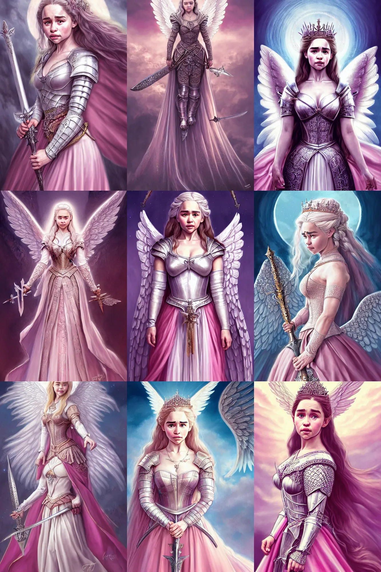 Prompt: gorgeous!! hyper - realistic woman resembling emilia clarke as a princess wearing ornate pink knight armor, angel wings, angemon l holding a long sword | divine, elegant, ethereal, heavenly, clouds, holy, medieval fantasy | illustration, intricate, high detail, ultra graphics | drawn by wlop, drawn by jeehyung lee, drawn by artgerm