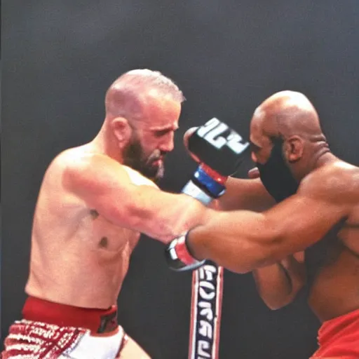 Image similar to mr. t punching joe biden in the ufc octagon, detailed facial expressions, 1 9 8 0 s aesthetic