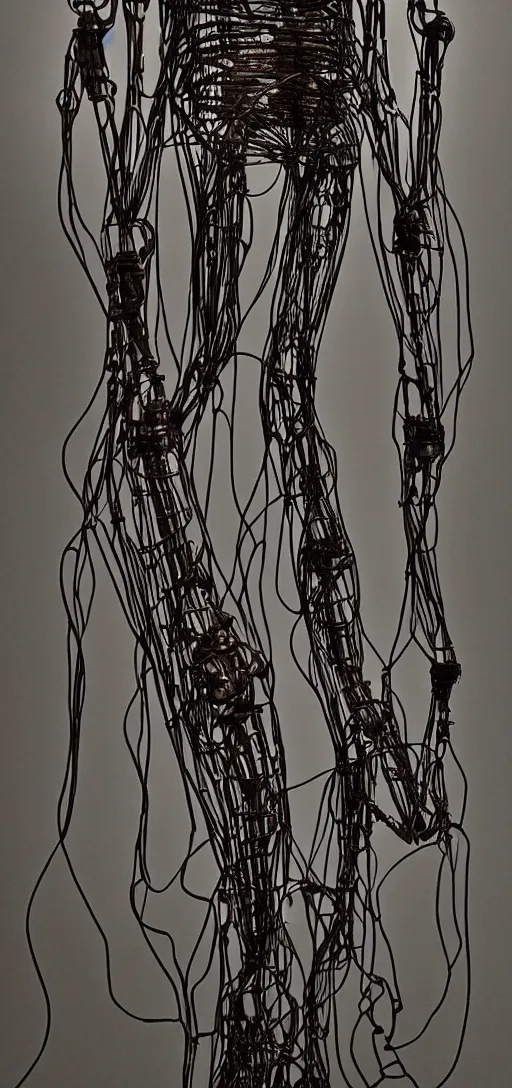 Image similar to human made out of wires and machinery, tall, body horror, creepy, disturbing, dark,