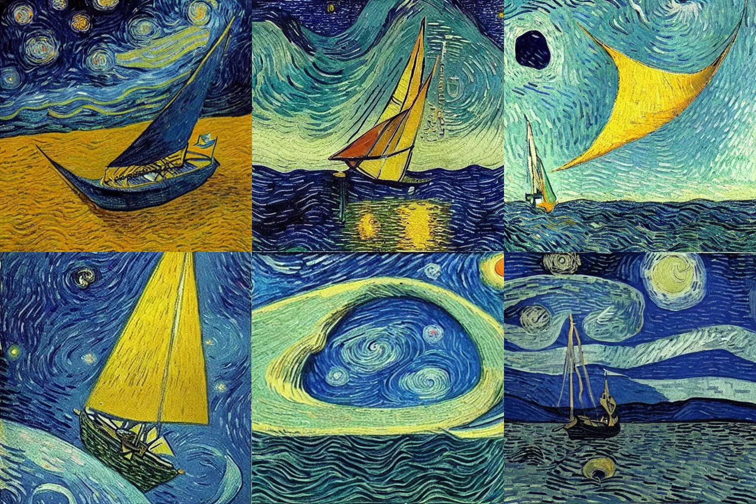 Prompt: painting of a cosmic yatch sailing through space by Van Gogh