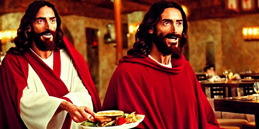 Prompt: jesus christ in a robe and red scarf, in a restaurant, on a date, yelling at a waiter