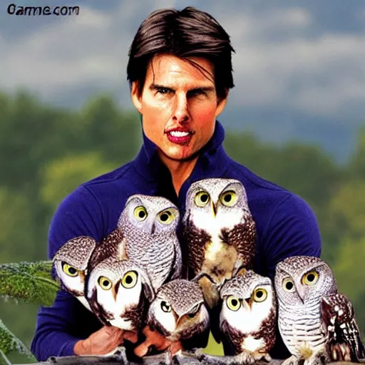 Image similar to meme with tom cruise about colorful owls