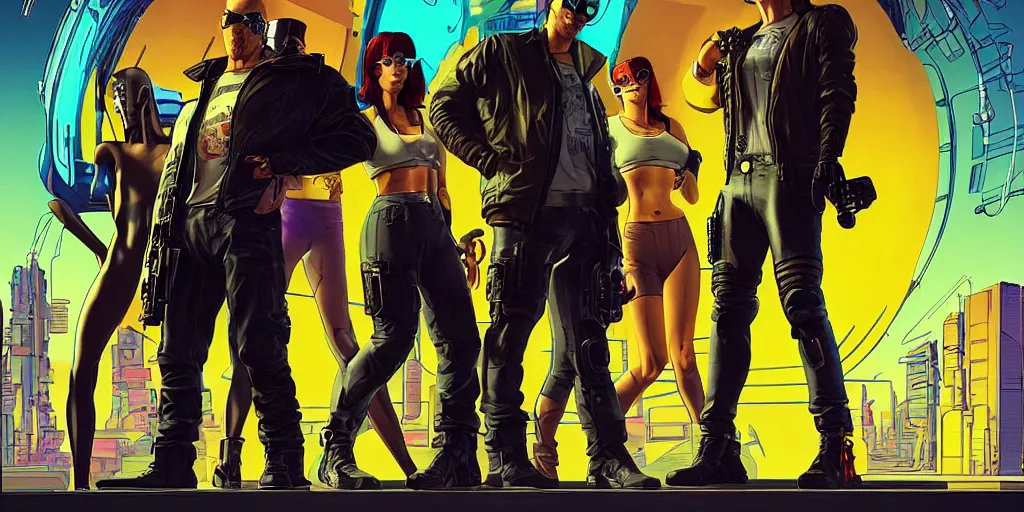 Image similar to cyberpunk heist crew. portrait by stonehouse and mœbius and will eisner and gil elvgren and pixar. character design. realistic proportions. dystopian. cyberpunk 2 0 7 7 character art, blade runner 2 0 4 9 concept art. cel shading. attractive face. thick lines. hi def 4 k. the team. detailed interesting characters. realistic expressive faces.