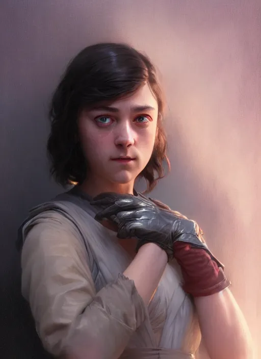 Prompt: portrait of arya stark wearing gloves, elegant, smooth glowing skin, glamour shot, super detailed, storybook fantasy, soft cinematic lighting, by yoshitaka amano, by bouguereau, bygreg rutkowski, by jeremy lipking, by artgerm, digital art, octane render