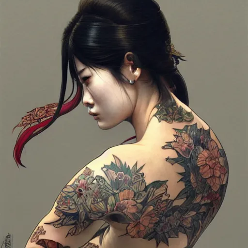 Image similar to masterpiece of a angry yakuza girl with tattoo, intricate, elegant, highly detailed, digital painting, artstation, concept art, smooth, sharp focus, illustration, art by artgerm and greg rutkowski and alphonse mucha and william - adolphe bouguereau