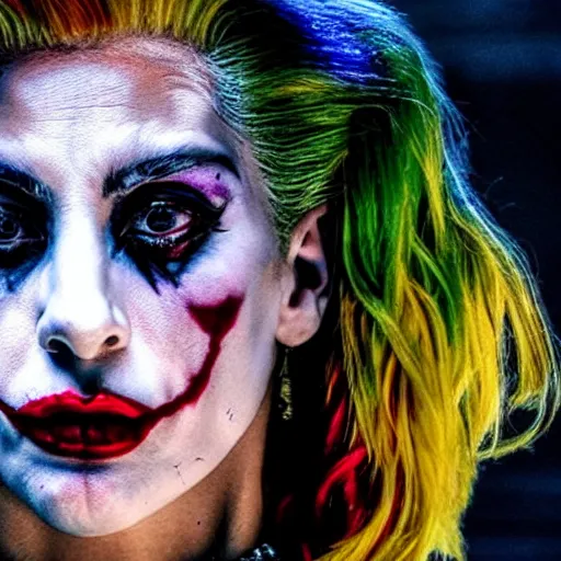 Prompt: detailed conceptual photography footage lady gaga in new joker movie she starring as harley queen / dramatically / intricate / sharp focus / model / yellow lighting / red beam / rendered / center of interest