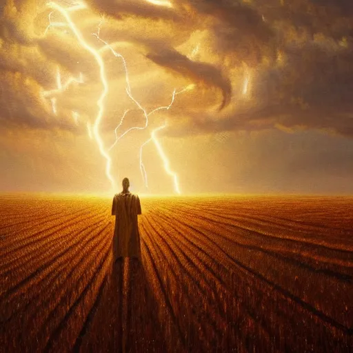 Image similar to oil painting of a glowing god with gold wires levitating in a wheat field, lightning in the sky, at night, stunning, cinematic lighting, concept art by greg rutkowski and wlop, artstation, cinematic, masterpice, insanely detailed, very realistic