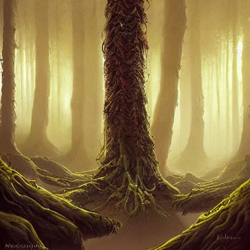 Image similar to an awesome alien forest painting by peter klasen, moebius, artstation