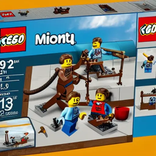 Prompt: lego set of a monkey going crazy on a old man and ripping his legs off