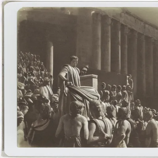 Image similar to Polaroid picture of a Roman consul during a political speech in Ancient Rome, photography, hyper detailed