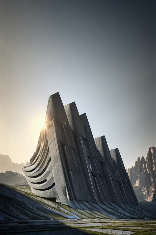 Image similar to sci - fi concrete brutalist architecture in the italian dolomites, zaha hadid, beksinski, photoreal, highly detailed, 8 k, hd, vray, artstation, trending on behance, cinematic matte painting, extreme detail photo quality, sunrays, sunset, featured on behance