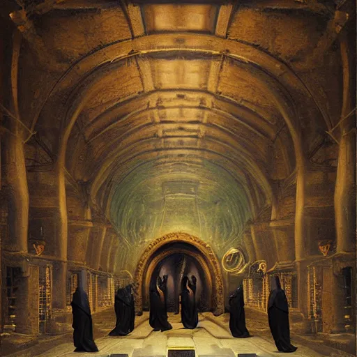 Image similar to underground tunnels inhabited by hooded monks, mechanical computers, lights and switches, portal to the dreamworld, baroque oil painting