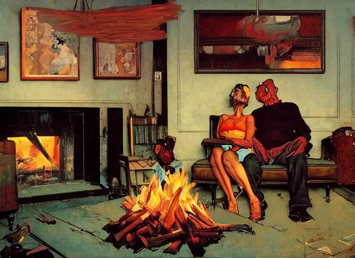 Prompt: a couple sitting by the fire place by francis bacon, surreal, norman rockwell and james jean, greg hildebrandt, and mark brooks, triadic color scheme, by greg rutkowski, in the style of francis bacon and syd mead and edward hopper and norman rockwell and beksinski, dark surrealism, open ceiling