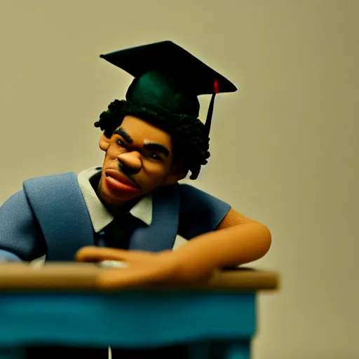 Image similar to a cinematic film still of a claymation stop motion film starring chance the rapper as a college student, shallow depth of field, 8 0 mm, f 1. 8