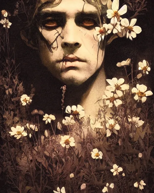 Image similar to a beautiful but sinister and creepy man in layers of fear, with haunted eyes, violence in his eyes, 1 9 7 0 s, seventies, delicate embellishments, a little blood, woodland, moonlight shining on wildflowers, painterly, offset printing technique, by alexandre cabanel