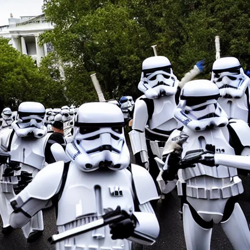 Image similar to a still candid image of hundreds of star wars stormtropers rioting in front of a the white house in washington.!!!, flaming torches and pitchforks