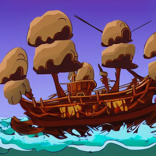 Image similar to a pirate ship near a skull shaped island, by Bill Tiller, monkey island game, game concept art, colorful