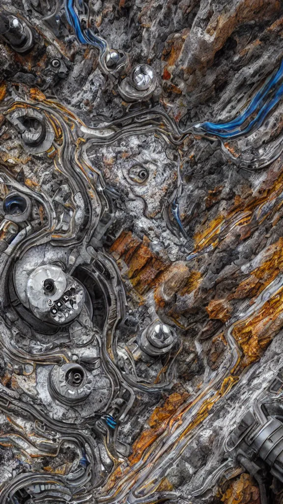 Image similar to cinematic ultra realistic photography of the complex magical machine embedded within the mountain, colourful sedimentary and igneous rock and marble, rock textures industrial machinery, pistons, pipes and valves, super conducters, circuitry. 8k 3D geology