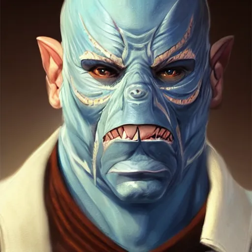 Prompt: blue skin half shark half man wearing robes, naval background, fantasy, D&D, portrait, piercing stare, highly detailed, high detailed face, digital painting, HD, artstation, concept art, matte, sharp focus, illustration, art by artgerm and greg rutkowski