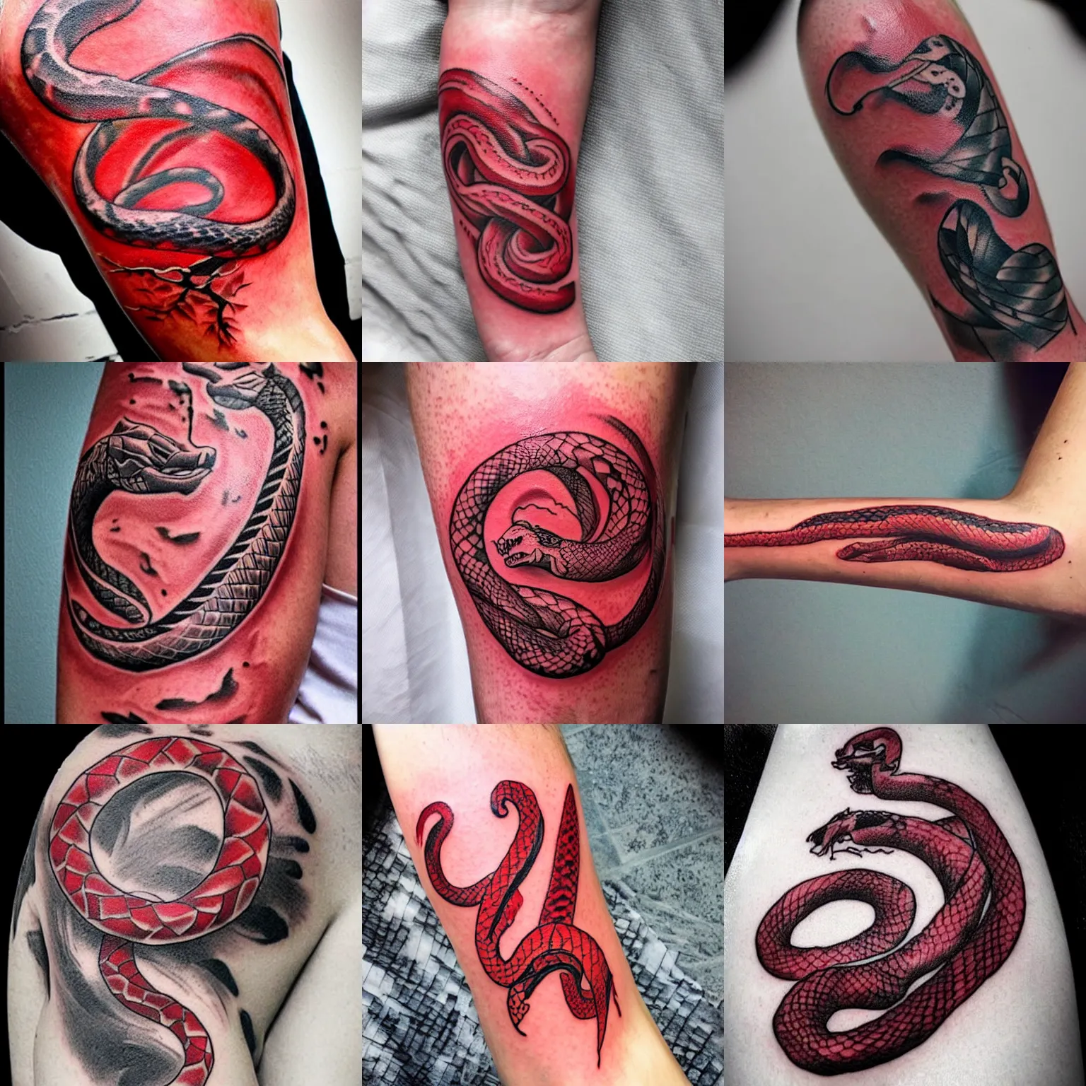Prompt: red ink tattoo of a beautiful snake eating it's tail, circular