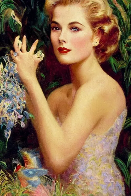 Image similar to A young and extremely beautiful Grace Kelly explaining the birds and the bees in the style of a modern Gaston Bussière, art nouveau, art deco, surrealism. Extremely lush detail. Perfect composition and lighting. Profoundly surreal. Sultry look on her face.