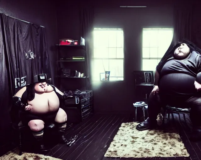 Image similar to dirty room, depression scene, very fat man in a gamer chair. goth chick gf