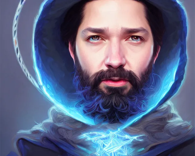 Image similar to mindblowing portrait of alexis ohanian as a wizard, blue wizard hat, deep focus, symmetrical face, d & d, fantasy, intricate, elegant, highly detailed, digital painting, artstation, concept art, matte, sharp, illustration, hearthstone, art by artgerm and greg rutkowski and alphonse mucha