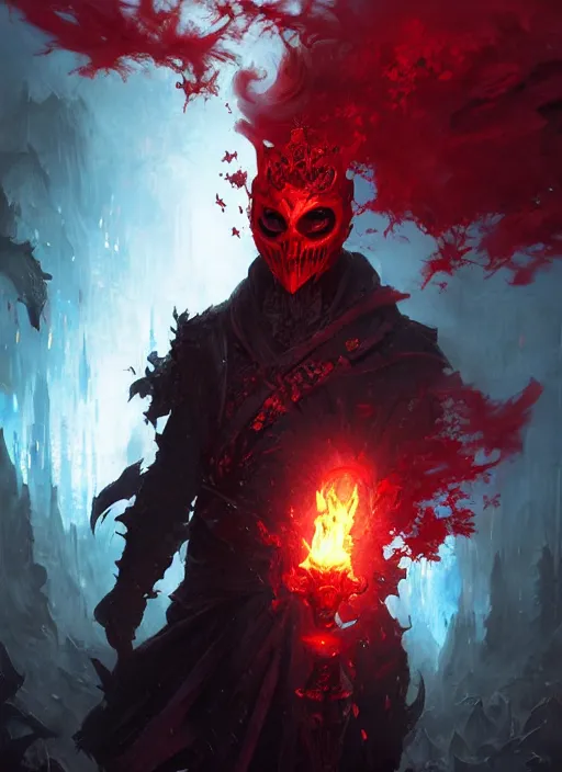 Prompt: male necromancer in a dark fantasy setting wearing a red mask, art by greg rutkowski, art by craig mullins, art by thomas kincade, art by Yoshitaka Amano