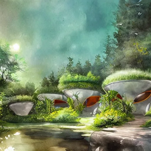 Image similar to beautiful happy picturesque charming sci - fi organic pod - like homes of the future in a beautiful natural scene. water, trees and rocks. beautiful light. soft colour scheme. beautiful artistic detailed watercolor by lurid. ( 2 0 2 2 )