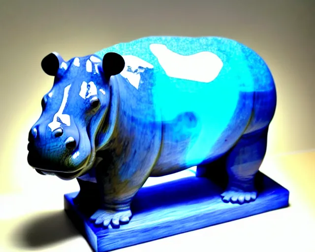 Image similar to a sculpture of hippo baby, bottom half wood carved, top half blue translucid resin epoxy, cubic blocks, side view centered, mixmedia, transparent,