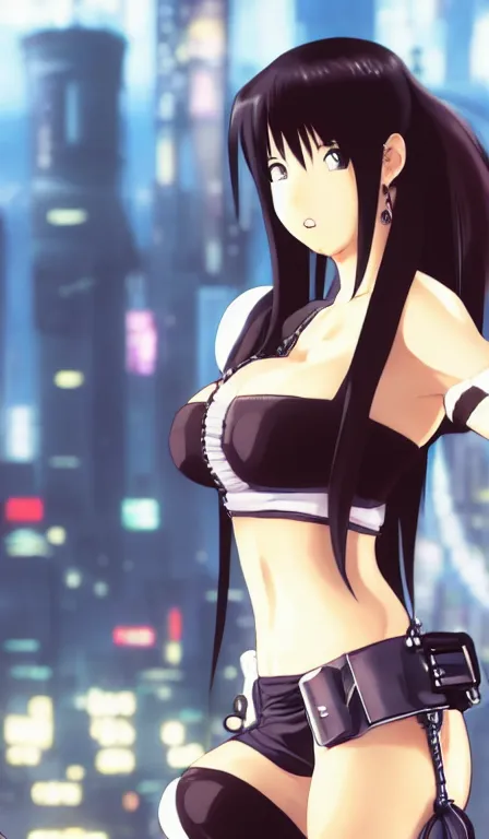 Prompt: anime fine details portrait of Tifa Lockhart in front of cyberpunk moder city landscape on the background deep bokeh, close-up view, anime masterpiece by Studio Ghibli. 8k, sharp high quality anime, artstation
