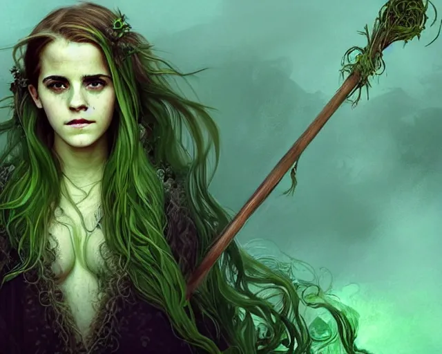 Image similar to mindblowing portrait of emma watson as a swamp witch, green colored skin, green hair, holding a caduceus staff, messy hair, deep focus, d & d, fantasy, intricate, elegant, highly detailed, digital painting, artstation, concept art, matte, sharp, illustration, hearthstone, art by artgerm and greg rutkowski and alphonse mucha