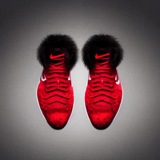 Prompt: nike model shoe made of very fluffy red and black faux fur placed on reflective surface, spiderman colors professional advertising, overhead lighting, heavy detail, realistic by nate vanhook, mark miner