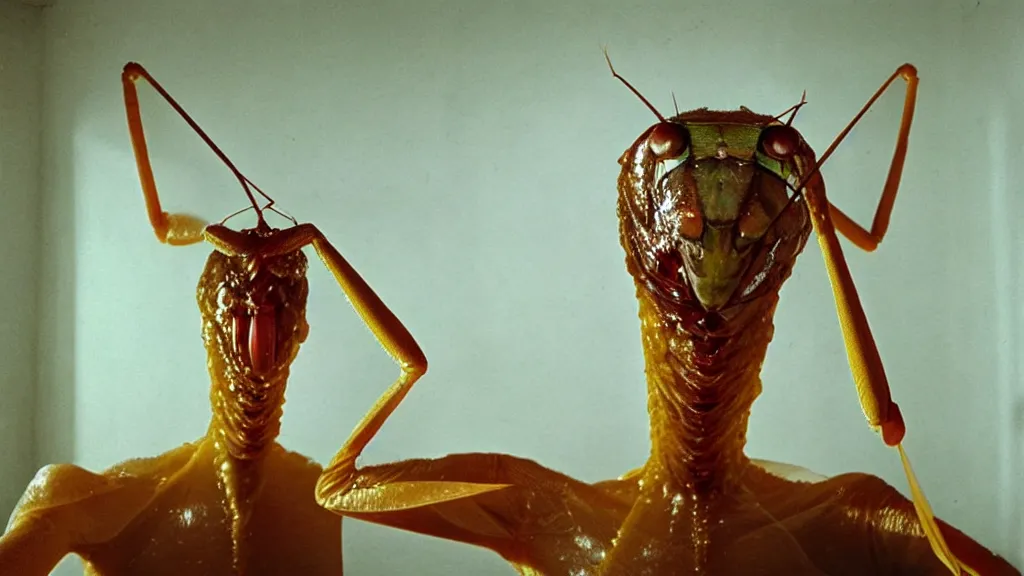 Prompt: the giant praying mantis head in the living room made of wax and water, film still from the movie directed by Wes Anderson with art direction by Salvador Dalí, wide lens