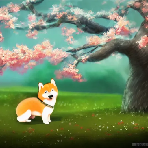 Image similar to a cute fluffy shiba inu plays under the cherry blossom tree, highly detailed, digital painting, artstation, concept art, movie still, smooth, sharp focus uhd 8 k