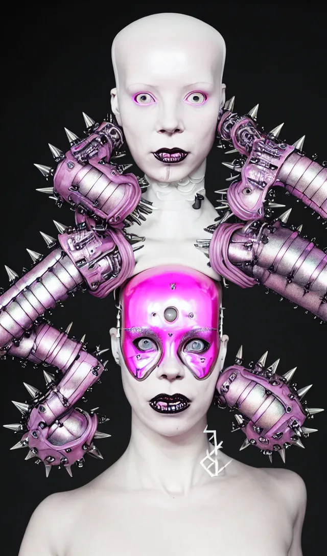 Prompt: symmetrical portrait of a biomechanical demoness wearing a steel spikes studded iridescent beauty mask and pink hair buns, wearing a black bodysuit by alexander mcqueen, cream white background, soft diffused light, biotechnology, humanoid robot, perfectly symmetric, bjork aesthetic, translucent, by rineke dijkstra, intricate details, highly detailed, masterpiece,