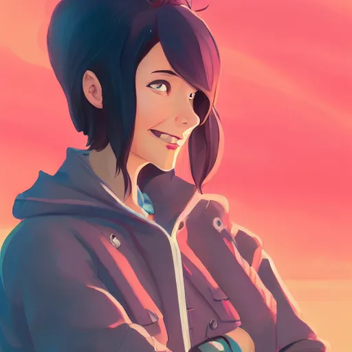 Prompt: character deisgn by lois van baarle, artgerm, helen huang, by makoto shinkai and ilya kuvshinov. cute scarlet red haired cybertronic woman, steel gray body, denim shorts, jacket, at beach at sunset, beautiful face, smile, elegant, exaggerated proportions, looking at camera