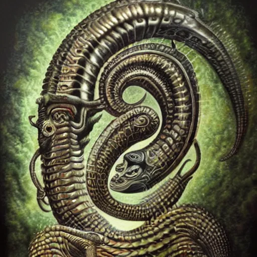 Image similar to naga serpent god, giger airbrush painting, highly detailed, intricate, beautiful craftsmanship,