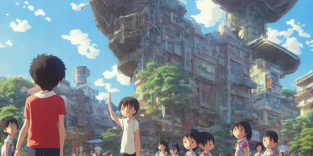 Prompt: a wholesome animation key shot of kids at Osaka city, medium shot, waist up, studio Ghibli, Pixar and Disney animation, sharp, very detailed, high resolution, Rendered in Unreal Engine 5, anime key art by Greg Rutkowski, Bloom, dramatic lighting