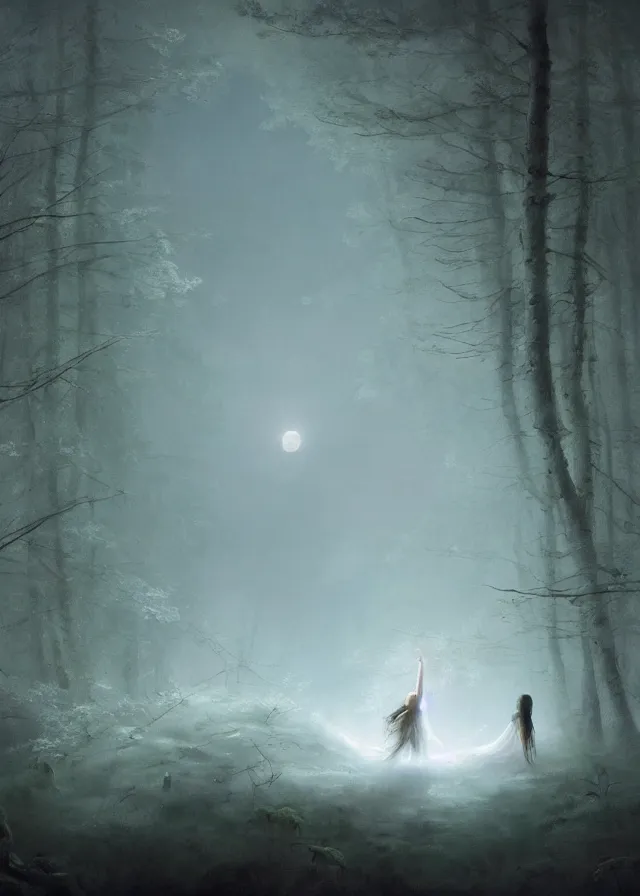 Prompt: dancers in white lit only by the moon, contemporary dance in the forbidden forest, the twilight dance of the fae by aleksi briclot, greg rutkowski and ivan aivazovsky, contemporary dance, volumetric, raining, atmospheric, artstation, fantasy, watercolor surrealist abstract