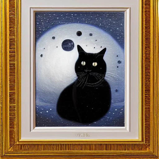 Prompt: a painting of a black and white cat in a scenic environment by johfra bosschart, hyperdetailed, beautiful, stars, planets, nebula, trending on artstation