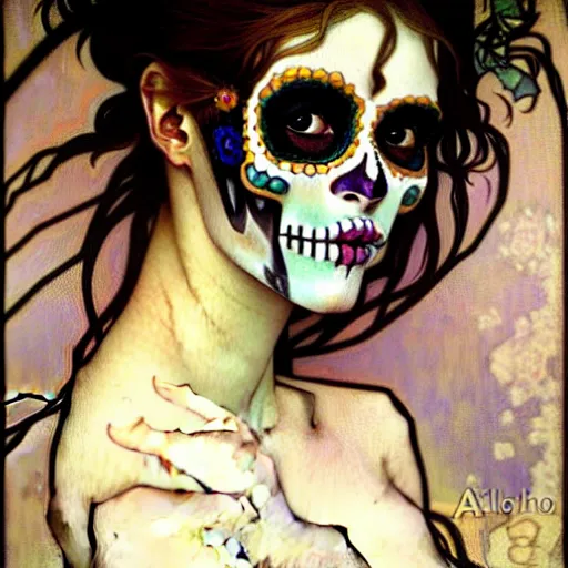 Image similar to realistic detailed painting of a cute punk Día de los Muertos girl by Alphonse Mucha Egon Schiele Ayami Kojima Amano Charlie Bowater, masterpiece