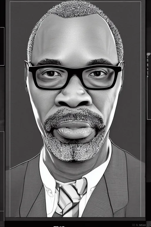 Prompt: Earl, a fit 40-something african-american database administrator with low fade haircut and slight condescending smirk, neatly trimmed and closely cropped black and grey beard, wearing square wire frame glasses, cinematic portrait, digital illustration, octane render trending on arstation by artgerm, raphaelite and alphonse mucha