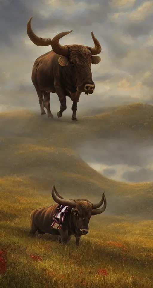 Image similar to a medium shot of a giant bull with horns decorated!!! with bells and ribbons, background is the spiral stairs heading to sky, in the steppe, autumn field, misty background, from the game pathologic 2, highly detailed, sharp focus, matte painting, by rosa bonheur, by isaac levitan and asher brown durand,