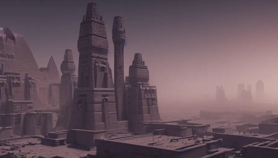 Image similar to a mixture of aztec and egyptian architecture castle, in the style of bladerunner 2 0 4 9, from 8 k matte, cinematic lighting, trending on artstation, unreal engine, highly detailed, 8 k wallpaper, cinematic lighting, octane, matte painting, volumetric lighting, atmosphere, mist, fog, clouds, matte painting