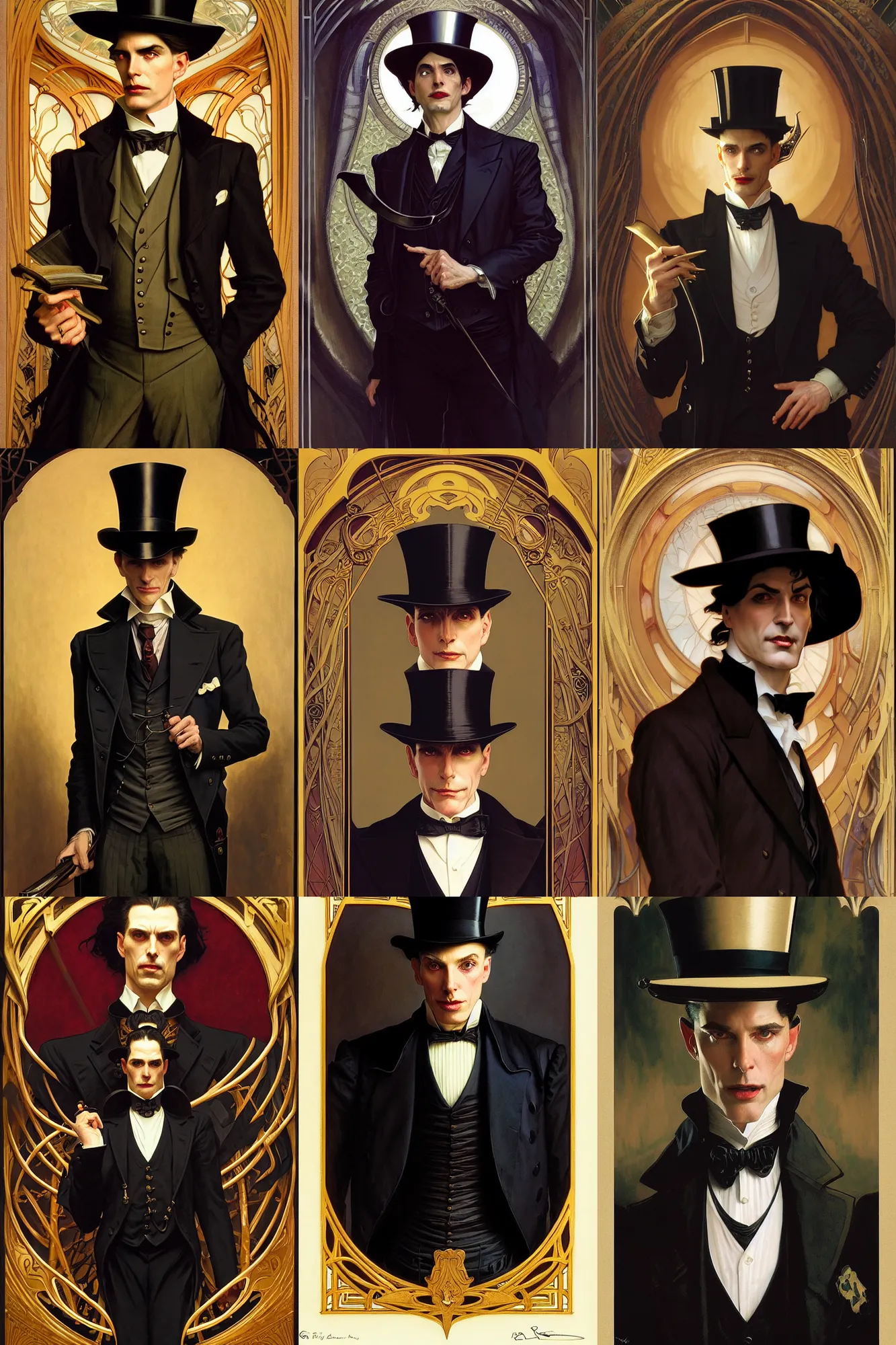 Prompt: sargent, leyendecker, greg hildebrandt, highly detailed portrait of vampire hunter d wearing a suit vest and top hat, art nouveau, stephen bliss, unreal engine, by greg rutkowski, loish, ferdinand knab, ilya kuvshinov, rossdraws, tom bagshaw, alphonse mucha, global illumination, radiant light, detailed and intricate environment