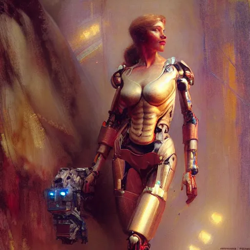 Image similar to Attractive cyborg woman, painting by Gaston Bussiere, Craig Mullins