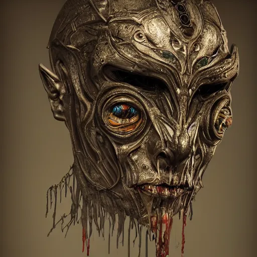 Prompt: Very very very very highly detailed epic photo of demonic face with venetian mask, intricate, dystopian, sci-fi, extremely detailed, digital painting, artstation, concept art, smooth, sharp focus, illustration, intimidating lighting, incredible art by Anton Pieck, Octane render in Maya and Houdini VFX
